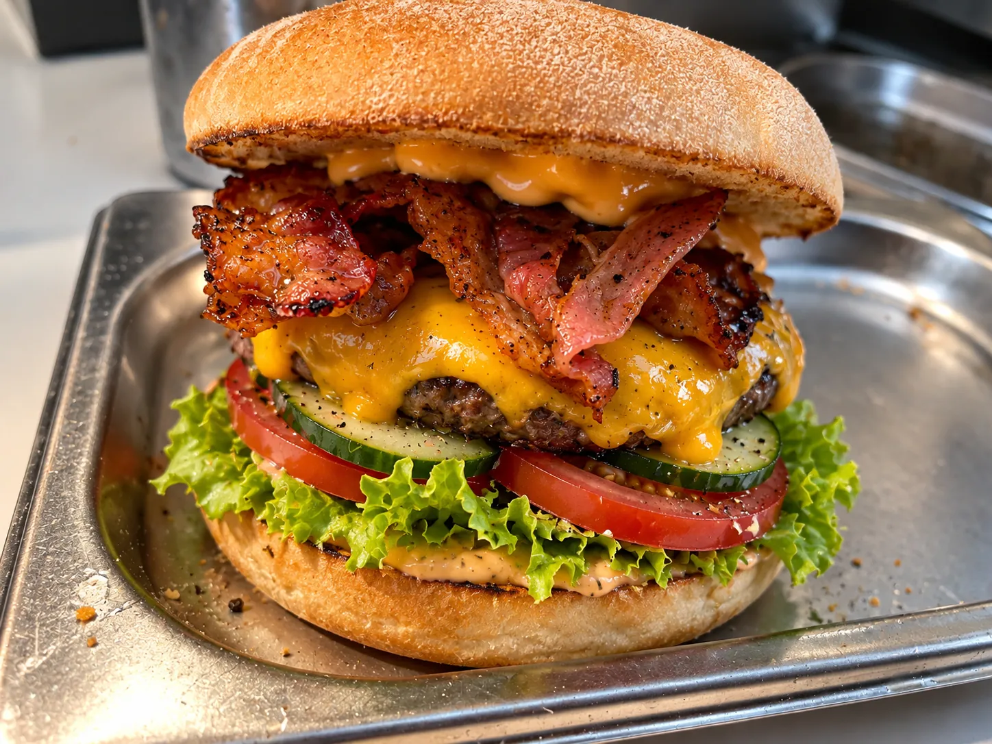 Burger mit Bacon, Cheddar, Gurke und Tomate auf dem Tablett