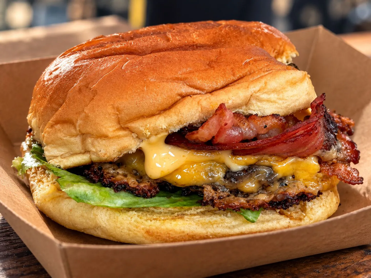 Burger mit Cheddar, Bacon und Salat in einer Papierschale