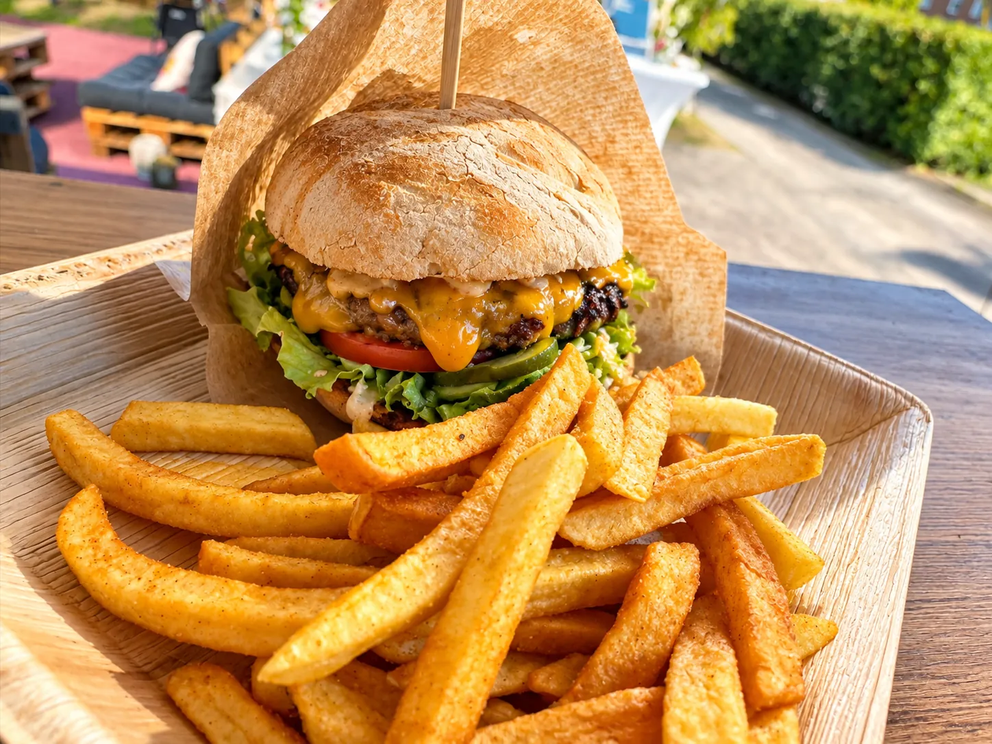 Burger mit Pommes in der Papierschale auf einer Terrasse