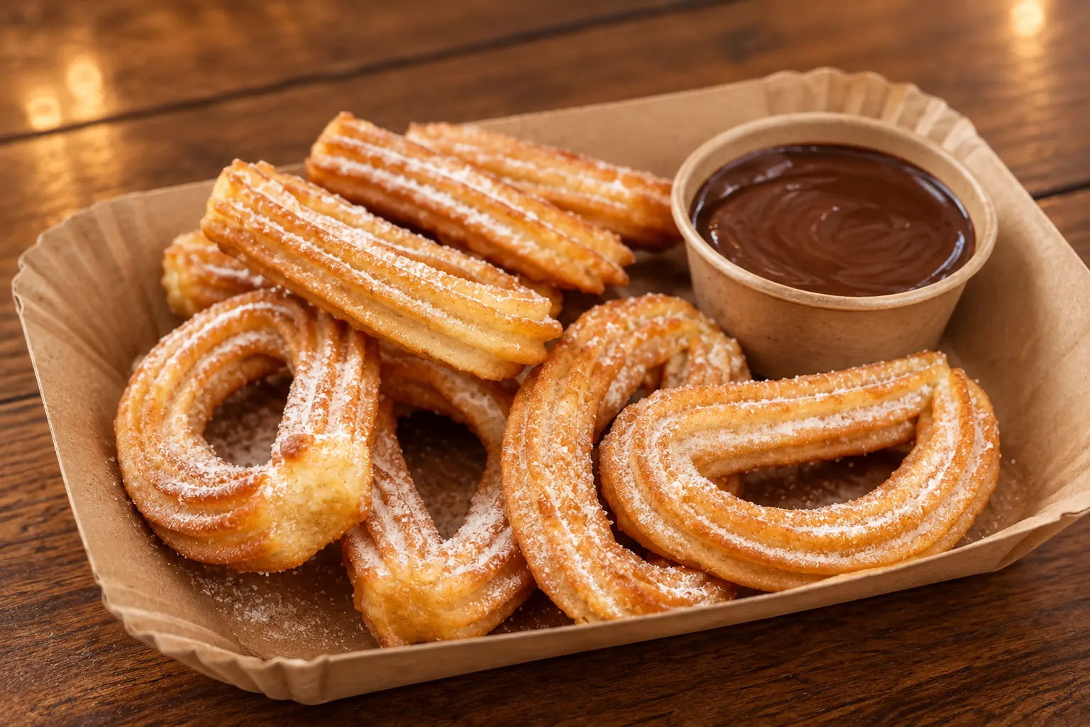 Churros mit Schokosauce in einer Snackschale