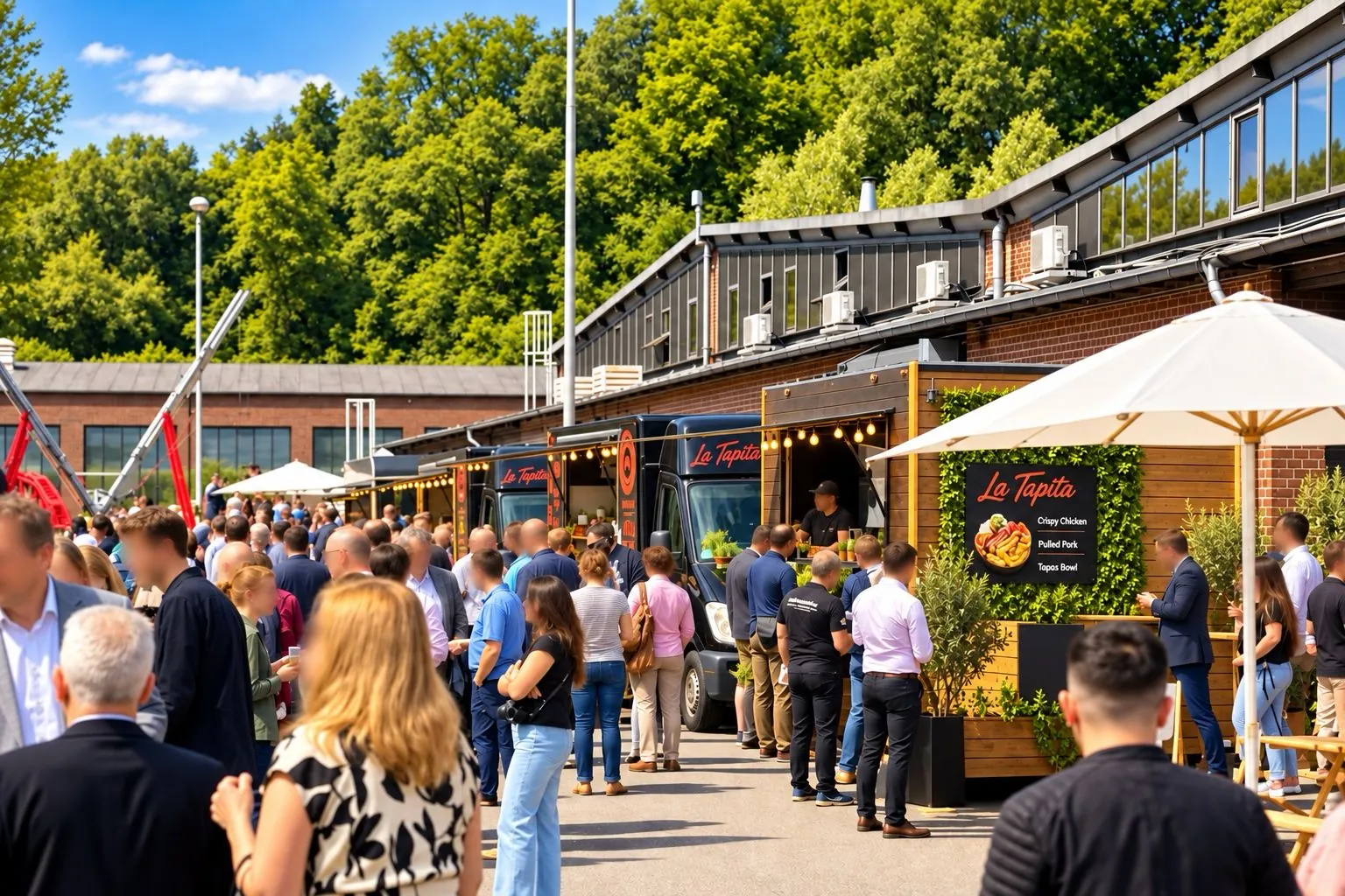 Gäste beim Firmen-Sommerfest mit mehreren Foodtrucks und Sonnenschirmen