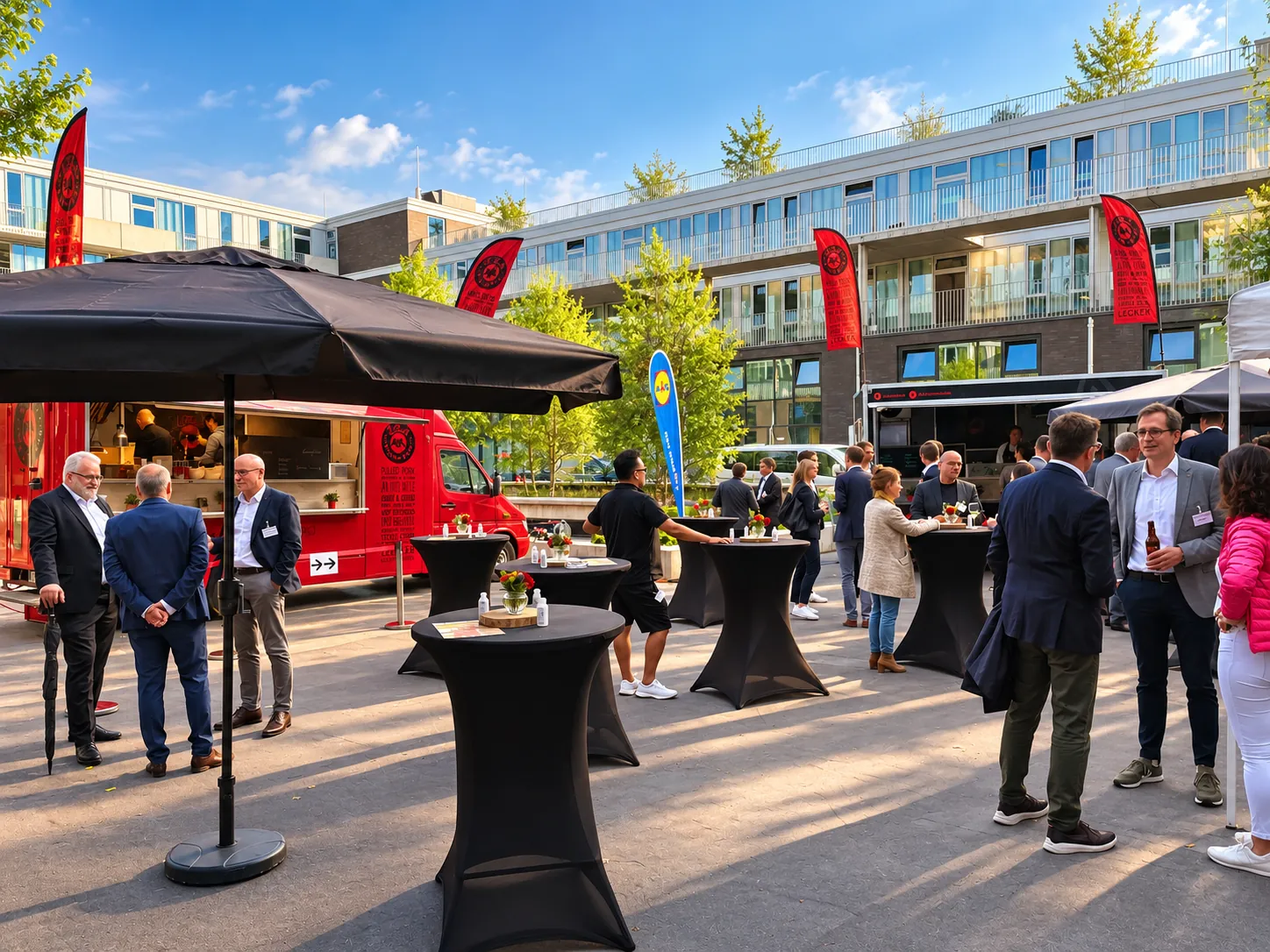 Gäste an Stehtischen beim Firmenevent mit dem roten La Tapita Foodtruck