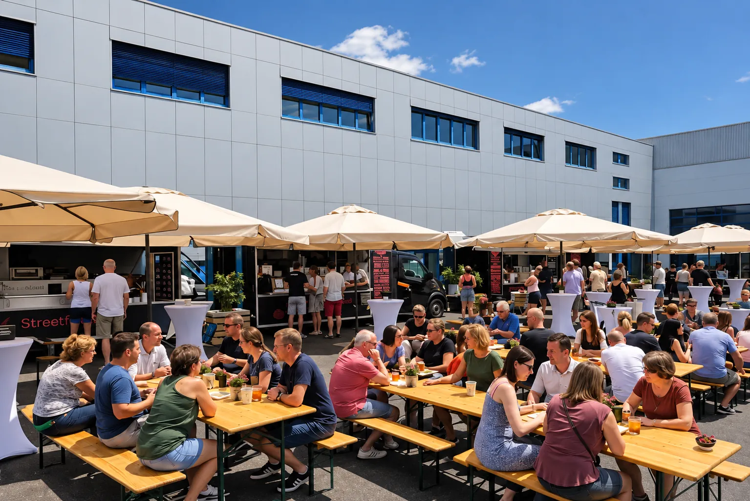 Gäste an Biertischen unter Sonnenschirmen beim Firmen-Sommerfest mit La Tapita Foodtruck-Catering