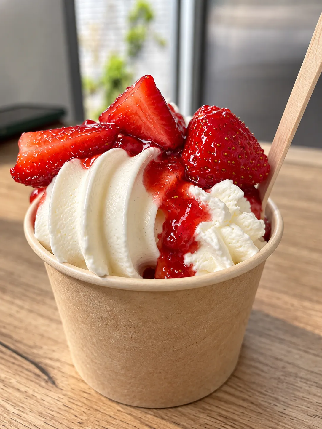 Frozen Yogurt mit Erdbeeren und Erdbeersauce im Becher