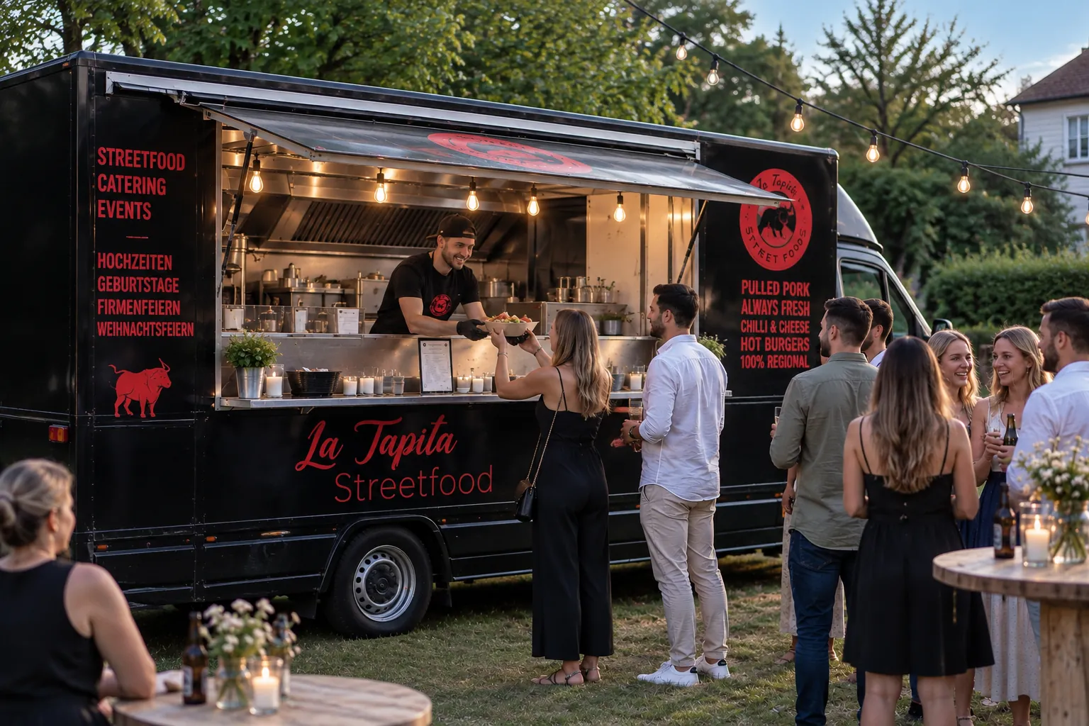 Illustration: Gäste feiern eine Geburtstagsparty am La Tapita Foodtruck mit Lichterkette