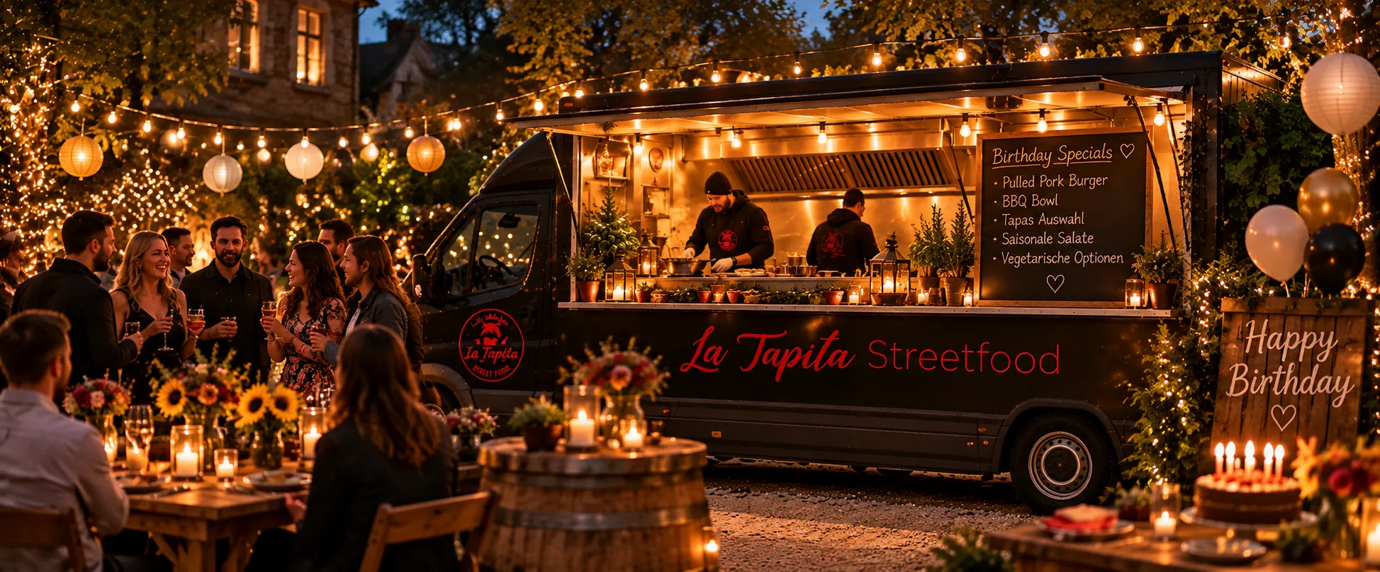 Illustration: La Tapita Foodtruck mit Lichterkette bei einer Geburtstagsparty am Abend
