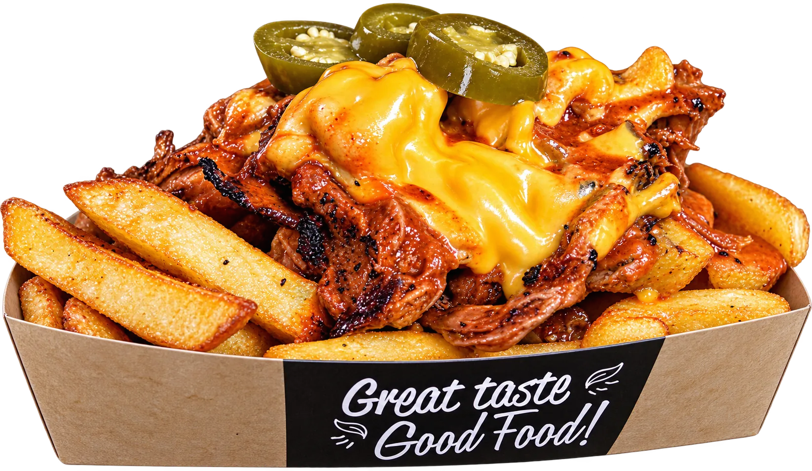 Loaded Fries mit Pulled Pork, Cheddar und Jalapeños in der Snackschale