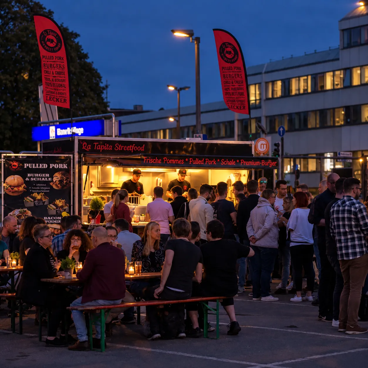 Gäste an Biertischen vor dem roten La Tapita Foodtruck am Abend