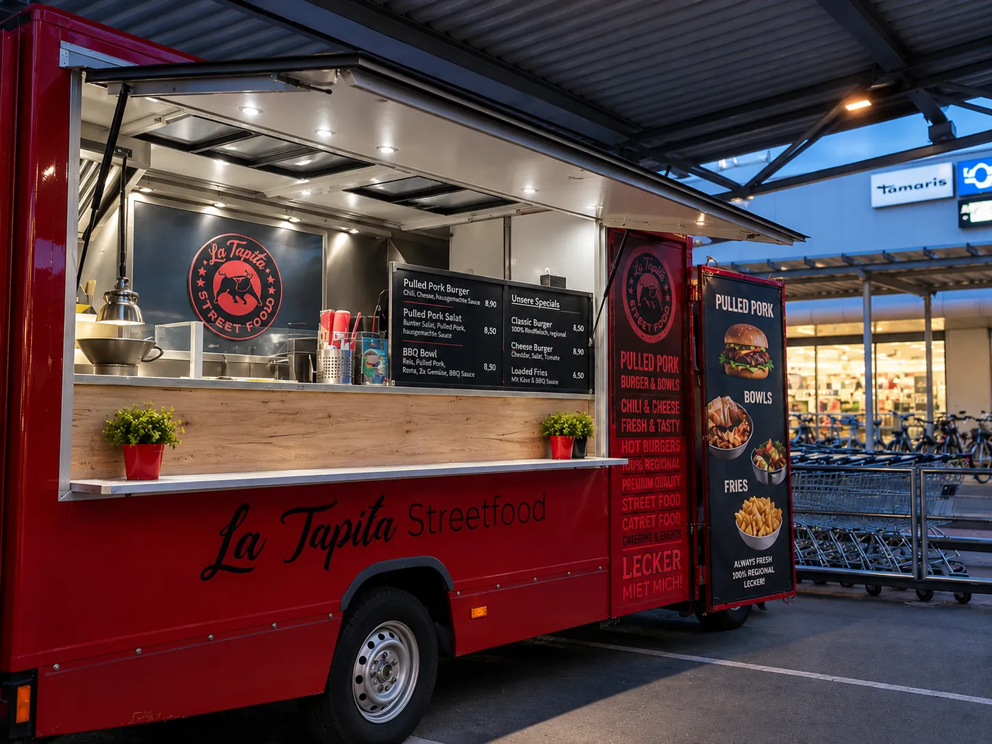 Roter La Tapita Foodtruck mit geöffneter Theke auf einem Parkplatz