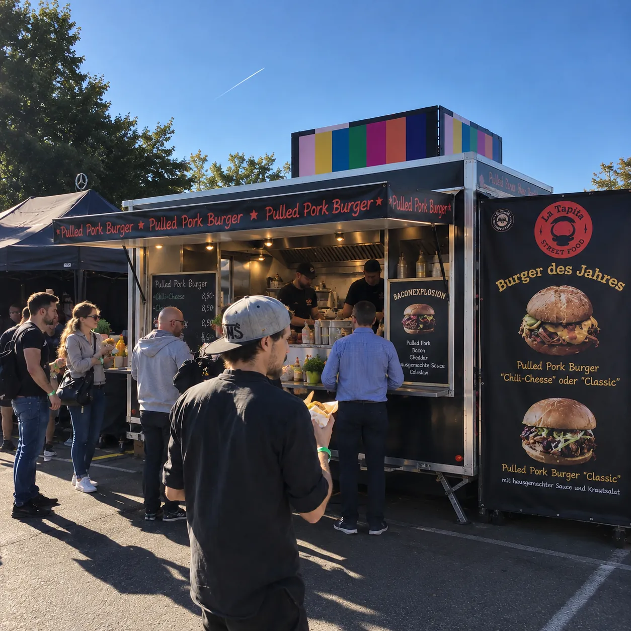 Gäste am schwarzen La Tapita Foodtruck mit Pulled Pork Burger Werbung