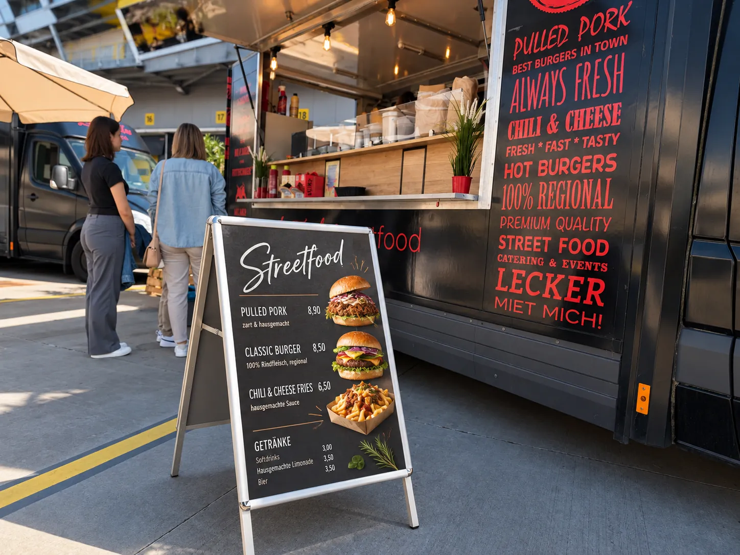 Schwarzer La Tapita Foodtruck mit Streetfood-Aufsteller und Menü