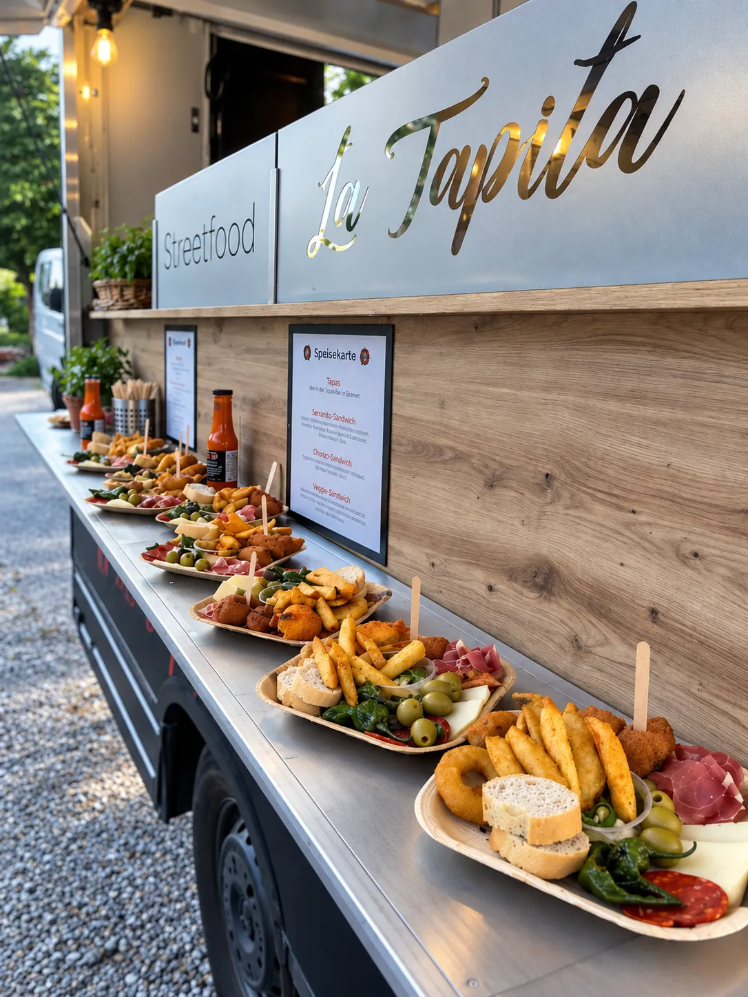 Tapas-Teller in einer Reihe an der Theke mit La Tapita Schriftzug