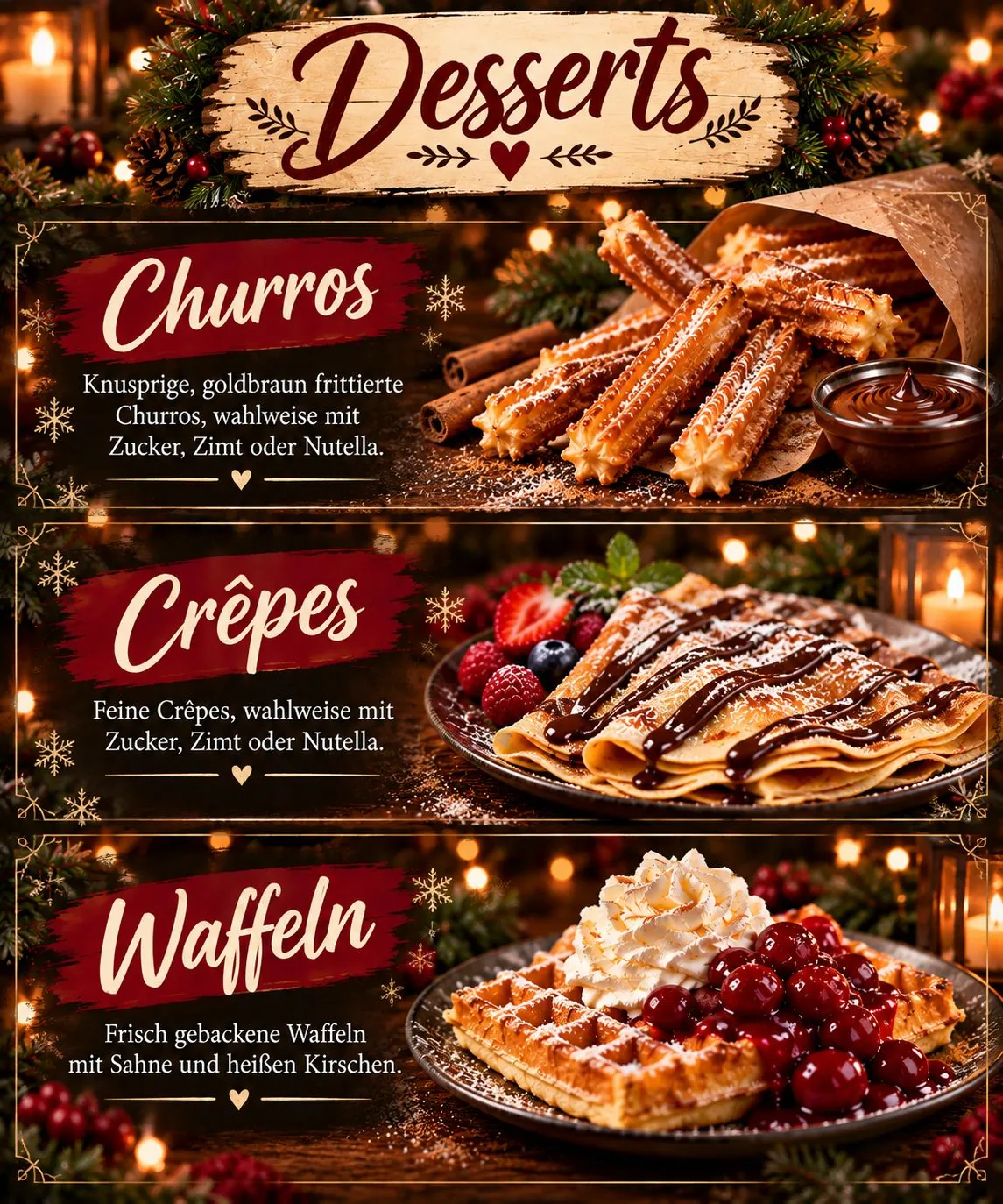 Weihnachtliche Dessertkarte mit Churros, Crêpes und Waffeln mit heißen Kirschen