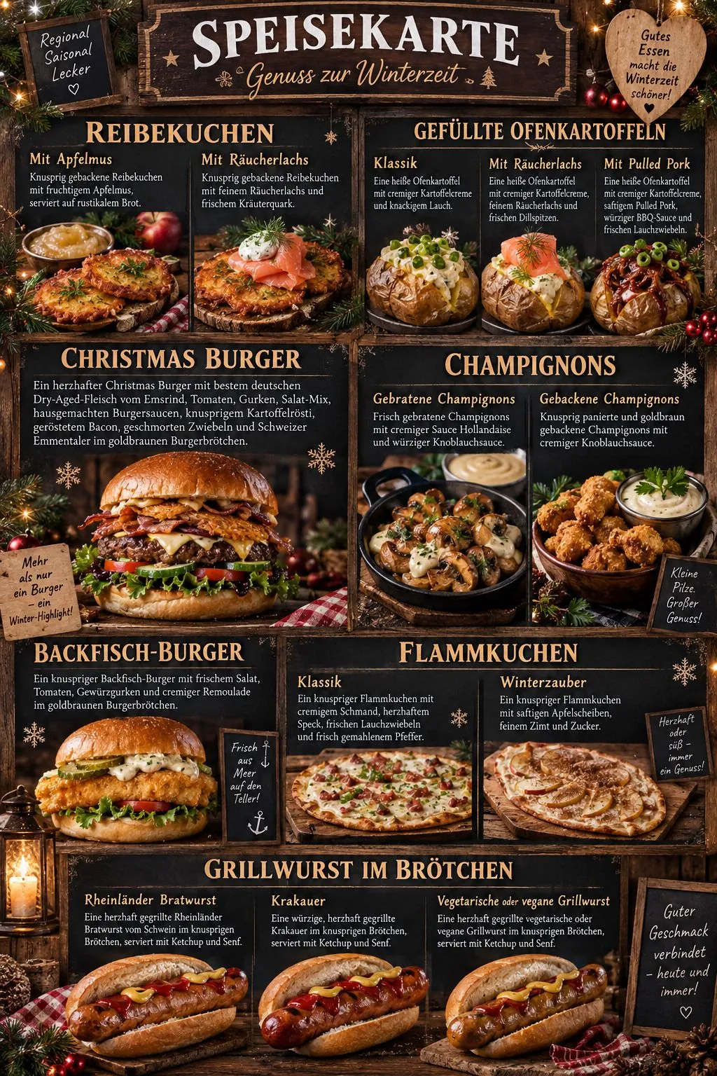 Winterliche Speisekarte mit Reibekuchen, gefüllten Ofenkartoffeln, Christmas Burger und mehr