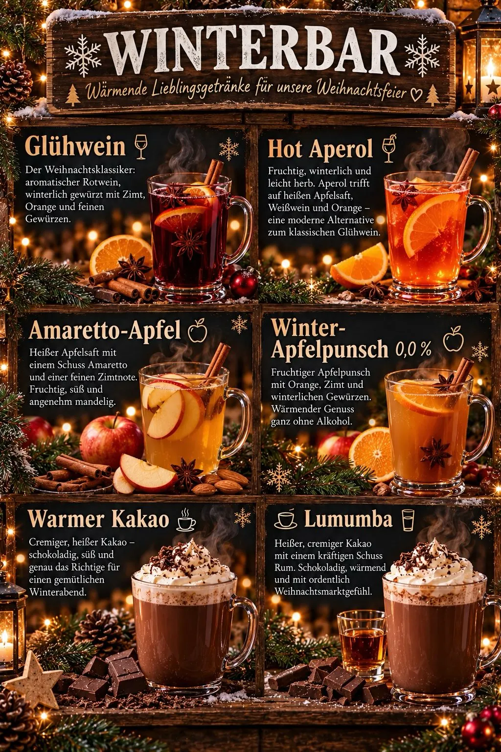 Winterbar-Getränkekarte mit Glühwein, Hot Aperol, Apfelpunsch und warmem Kakao