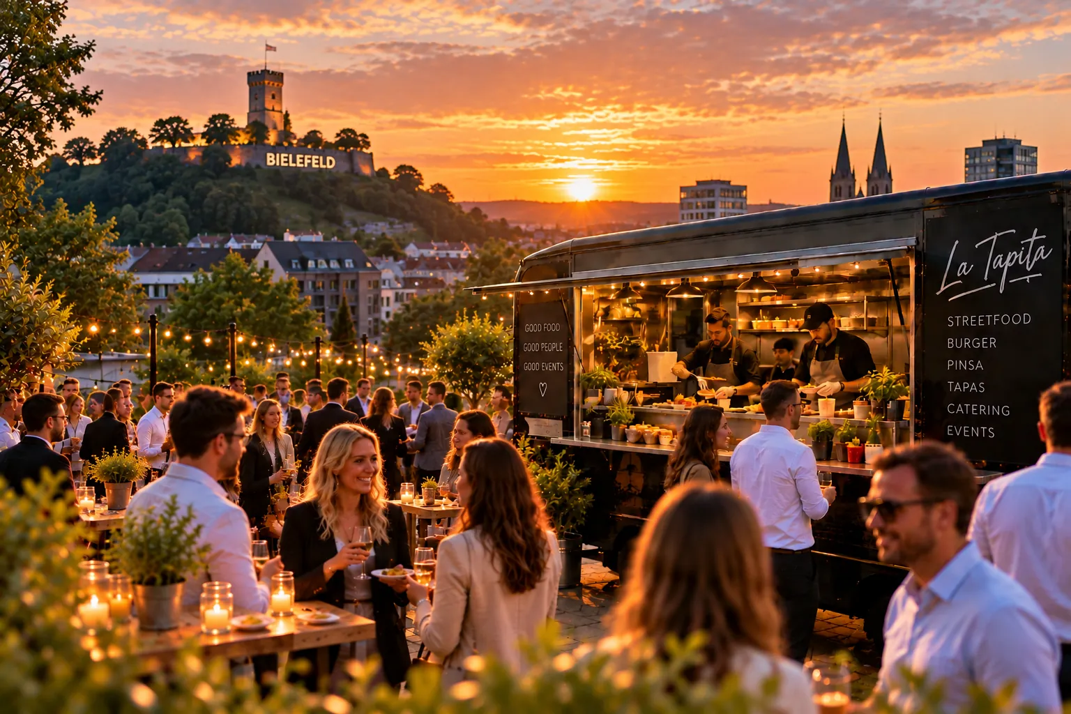 Illustration: La Tapita Foodtruck bei einem Abendevent mit Blick auf die Sparrenburg in Bielefeld
