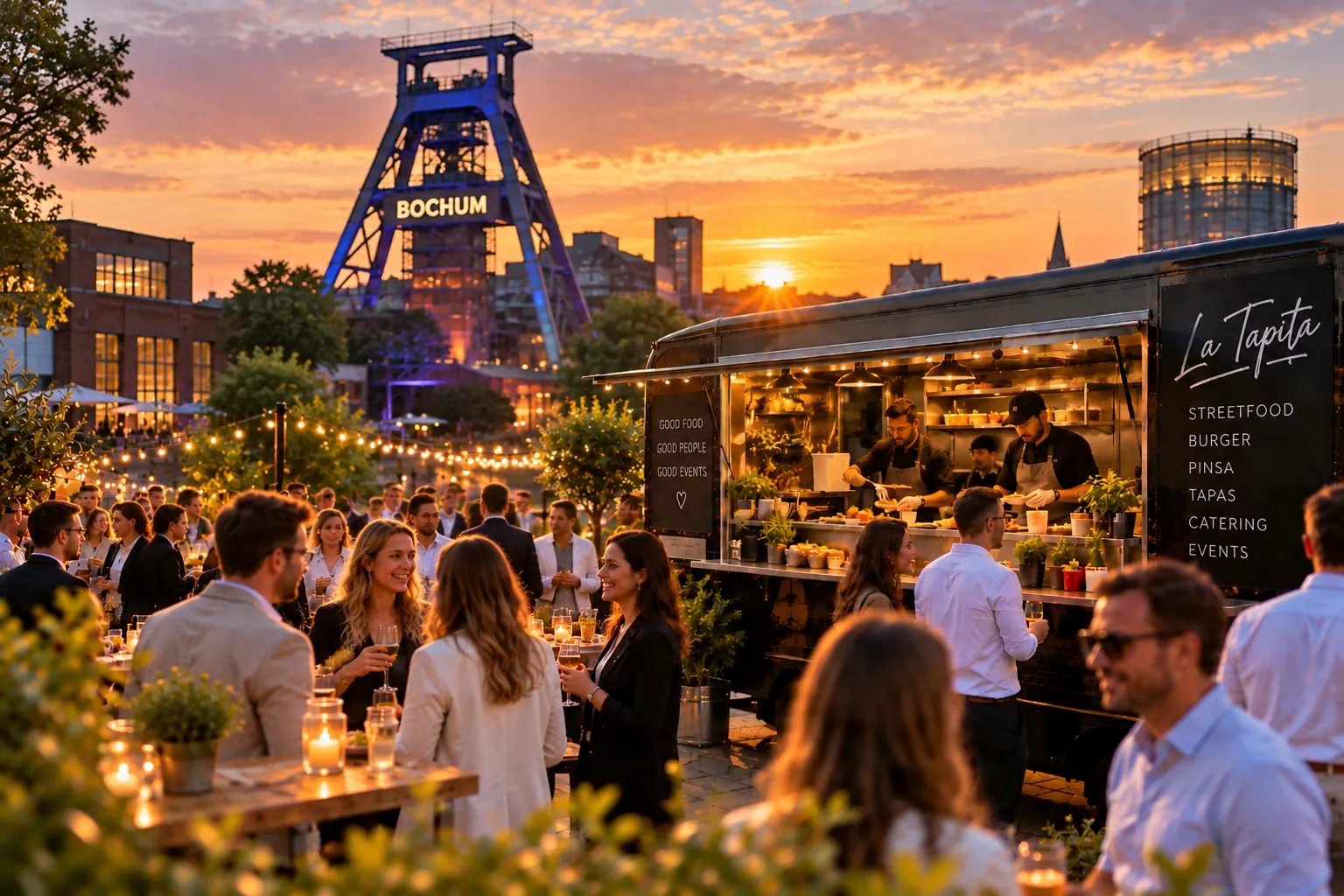 Illustration: La Tapita Foodtruck bei einem Abendevent vor der Bochumer Skyline mit Förderturm