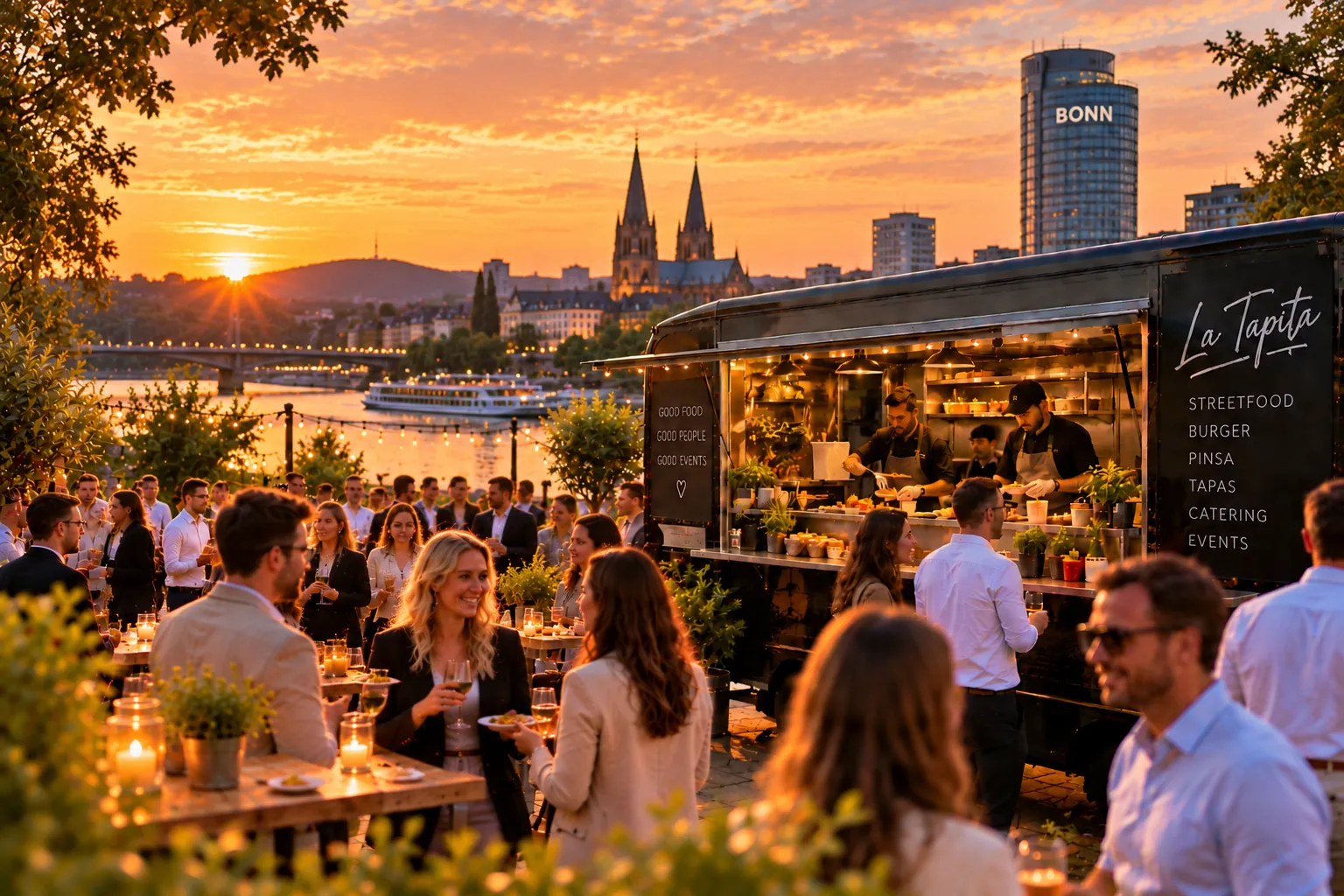 Illustration: La Tapita Foodtruck bei einem Abendevent am Bonner Rheinufer mit Posttower
