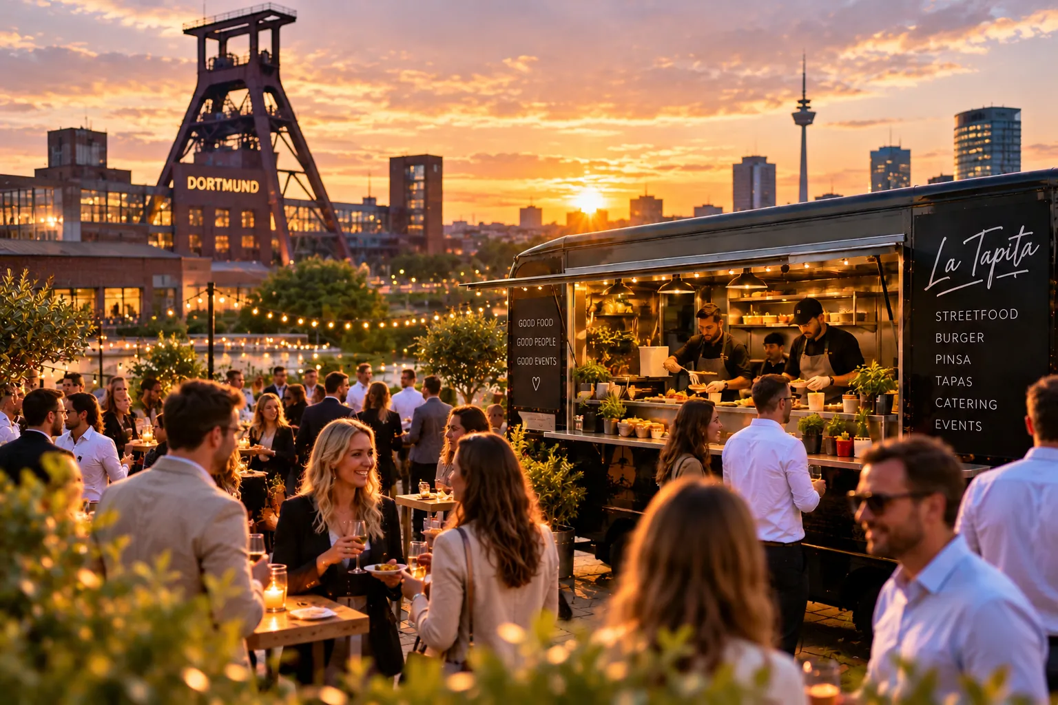 Illustration: La Tapita Foodtruck bei einem Abendevent vor der Dortmunder Skyline mit Förderturm und Florianturm