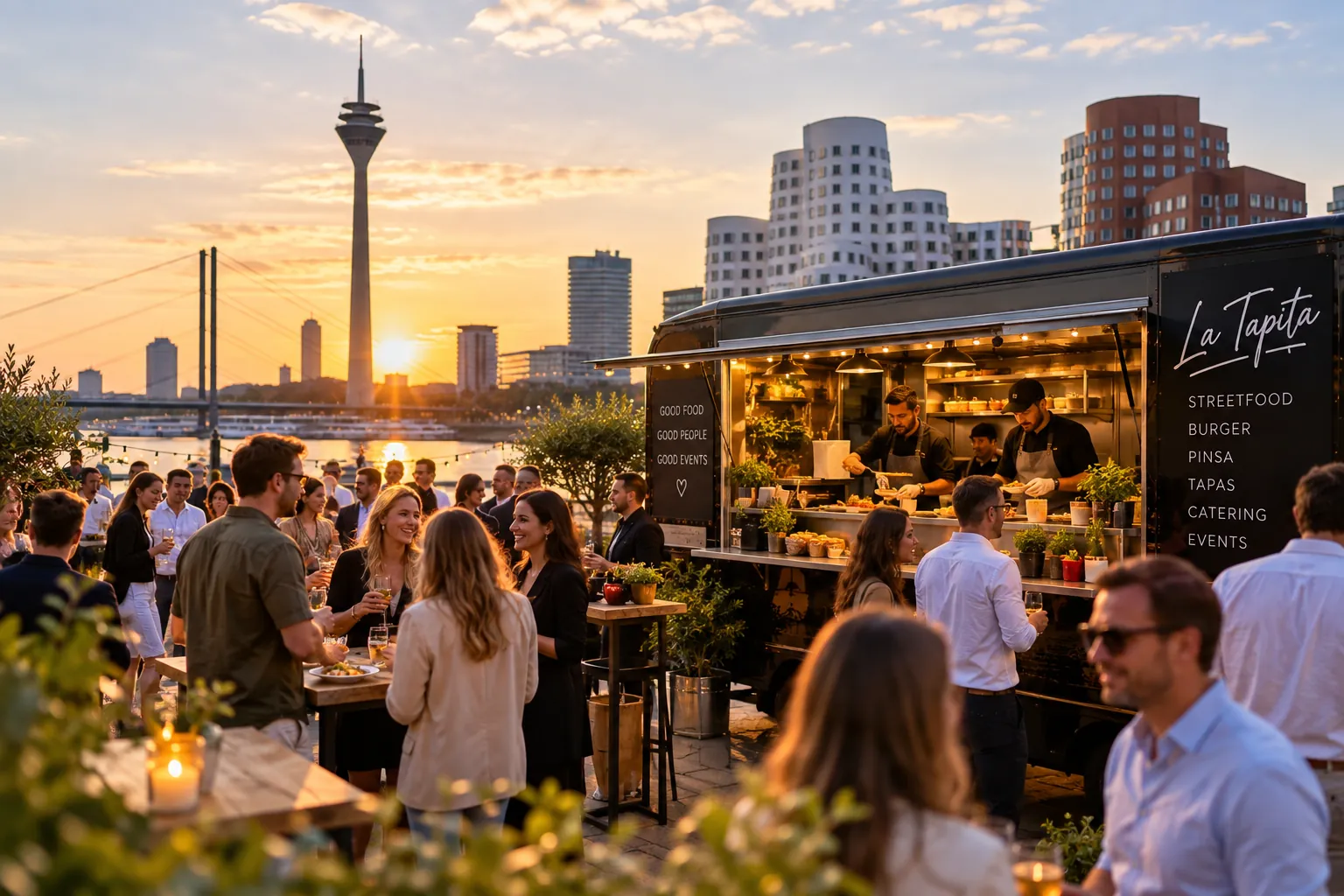 Illustration: La Tapita Foodtruck bei einem Abendevent vor der Düsseldorfer Skyline mit Rheinturm