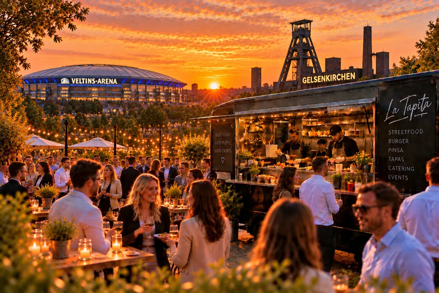 Illustration: La Tapita Foodtruck bei einem Abendevent vor der Gelsenkirchener Skyline mit Arena und Förderturm