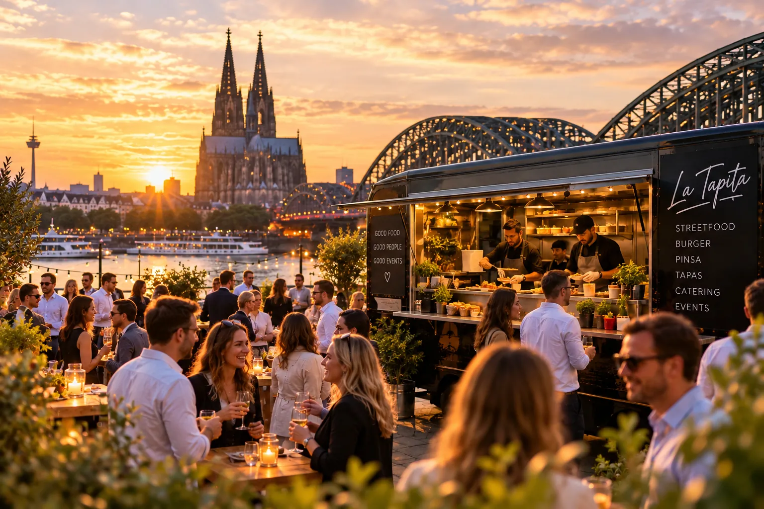 Illustration: La Tapita Foodtruck bei einem Abendevent am Rhein mit Kölner Dom und Hohenzollernbrücke