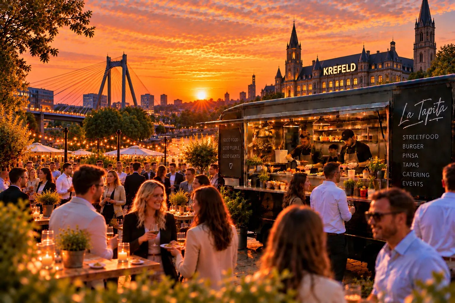 Illustration: La Tapita Foodtruck bei einem Abendevent vor der Krefelder Skyline mit Rheinbrücke