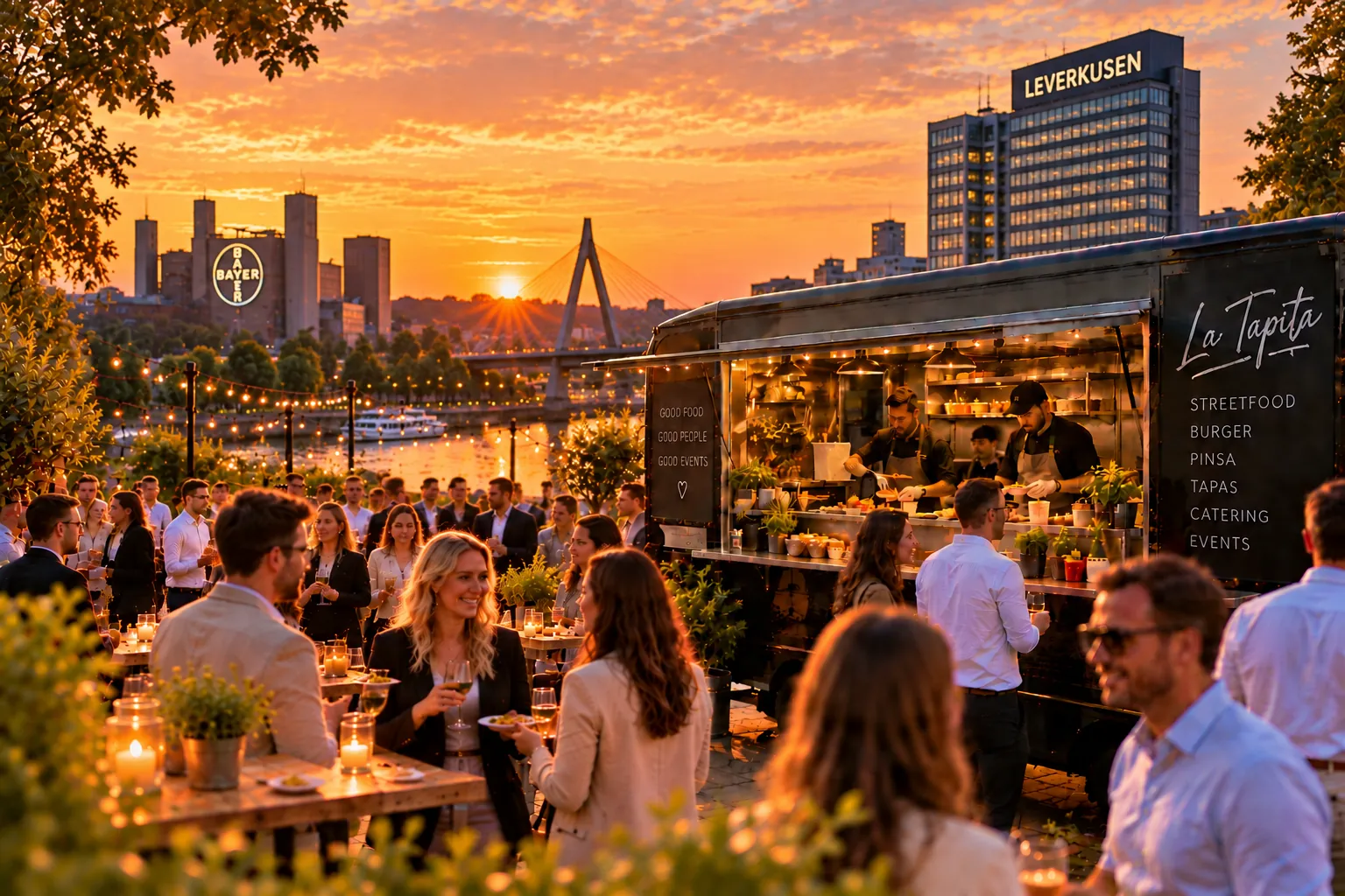 Illustration: La Tapita Foodtruck bei einem Abendevent vor der Leverkusener Skyline am Rhein