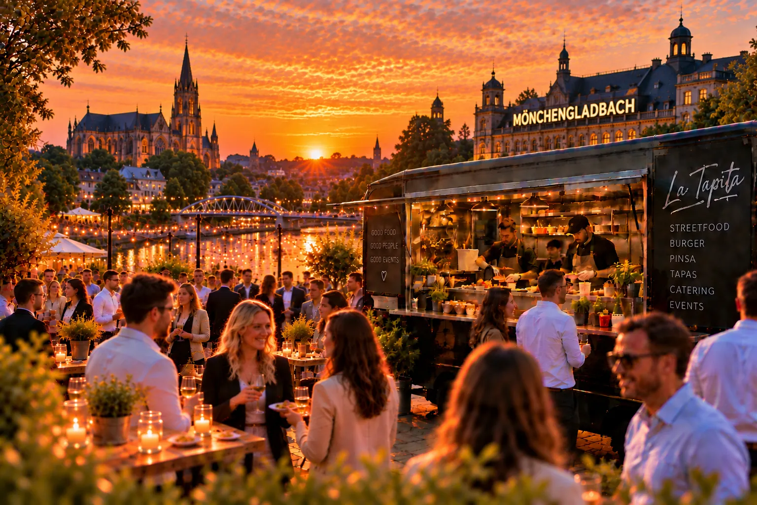Illustration: La Tapita Foodtruck bei einem Abendevent vor der Mönchengladbacher Altstadt mit Münster