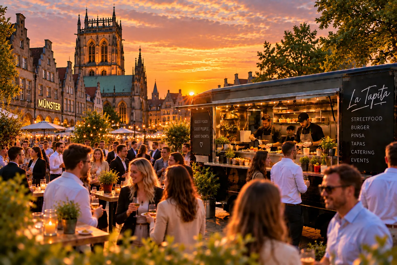 Illustration: La Tapita Foodtruck bei einem Abendevent in der Altstadt von Münster am Prinzipalmarkt