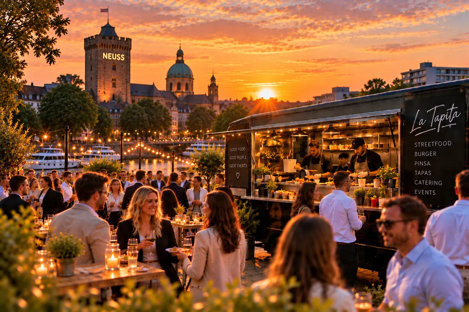 Illustration: La Tapita Foodtruck bei einem Abendevent vor der Neusser Altstadt mit Obertor und Quirinus-Münster