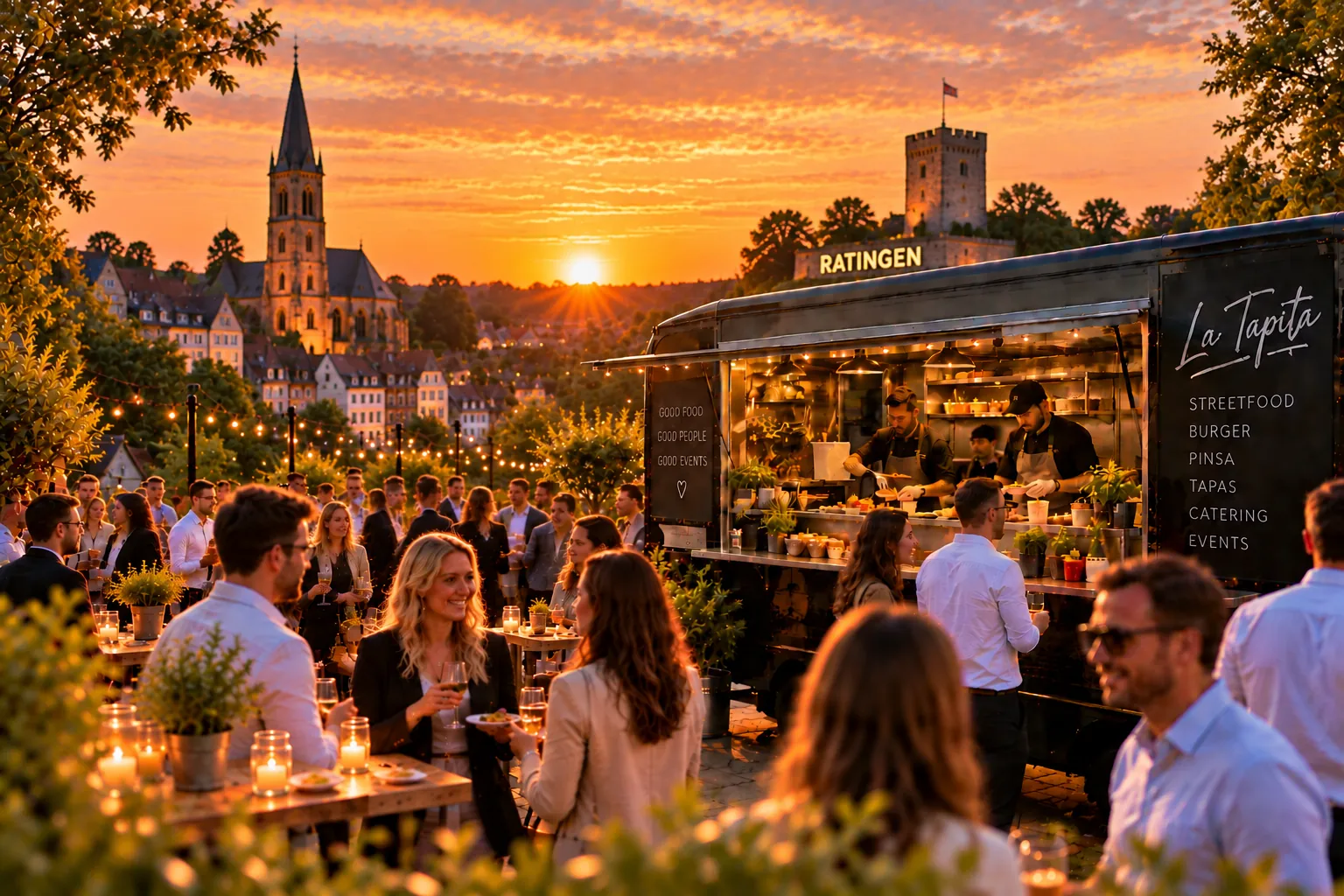 Illustration: La Tapita Foodtruck bei einem Abendevent vor der Ratinger Altstadt