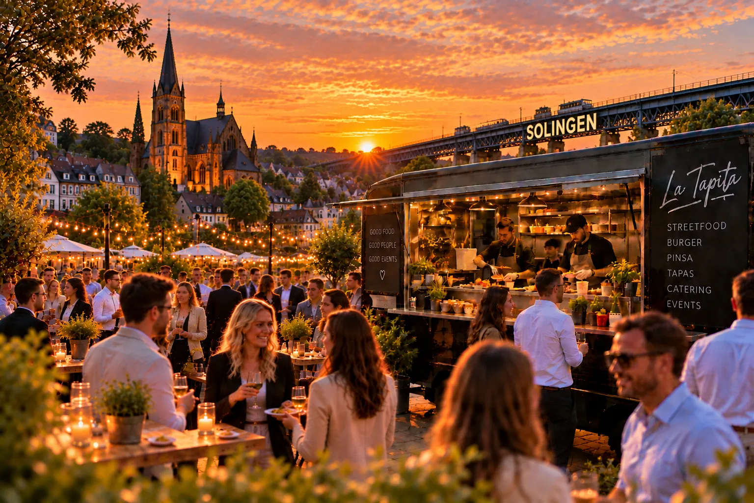 Illustration: La Tapita Foodtruck bei einem Abendevent mit Blick auf die Müngstener Brücke in Solingen