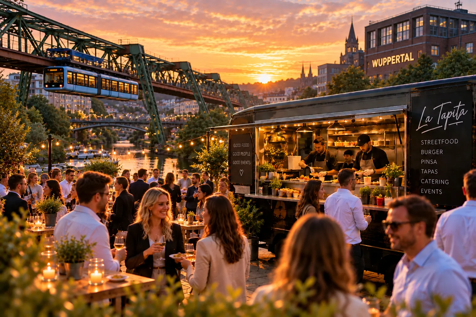 Illustration: La Tapita Foodtruck bei einem Abendevent mit Blick auf die Wuppertaler Schwebebahn